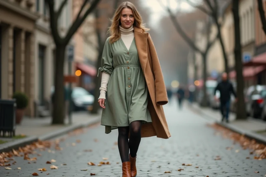 Femme portant une robe en coton verte superposée sur un pull col roulé avec des bottes en cuir en automne