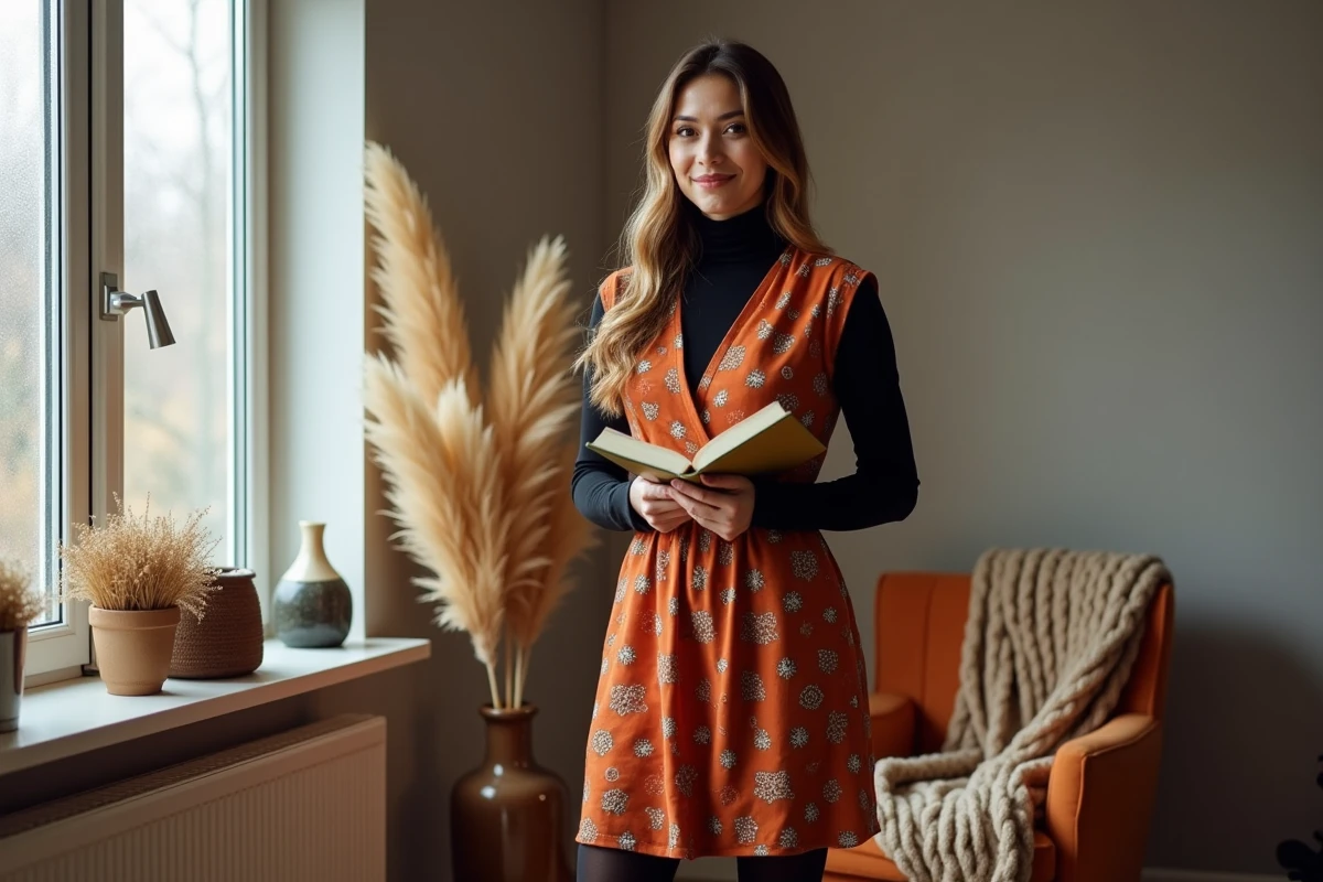 Femme en robe en coton fleurie orange portée en hiver avec un top thermique noir et des bottes à talons dans un appartement