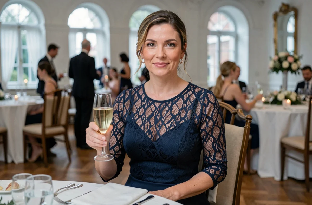 Invitée élégante en robe en dentelle bleu marine lors d'une réception de mariage dans une salle avec parquet et fenêtres en arche