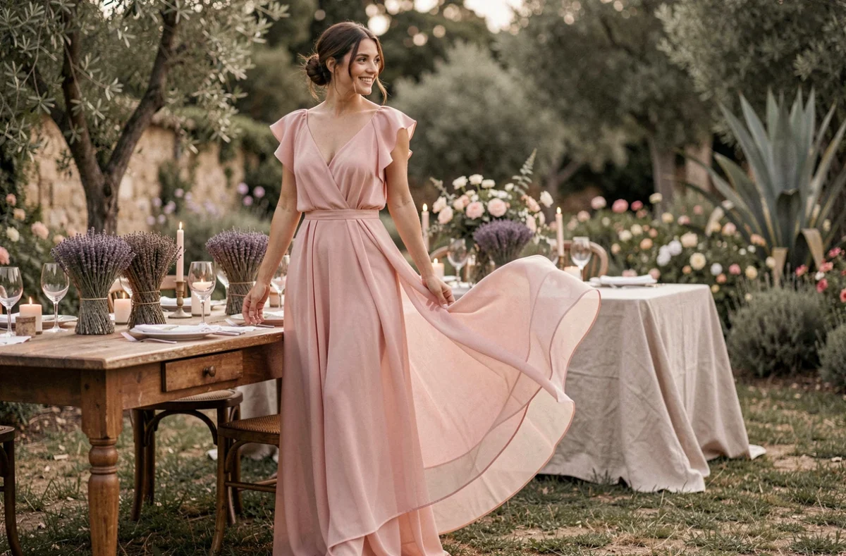 Invitée de mariage en robe mousseline rose blush à manches volantées dans un jardin provençal fleuri