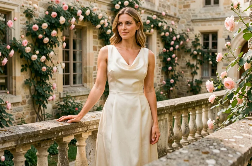 Femme en robe de satin ivoire midi portée comme invitée à un mariage dans la cour d'un château français en été