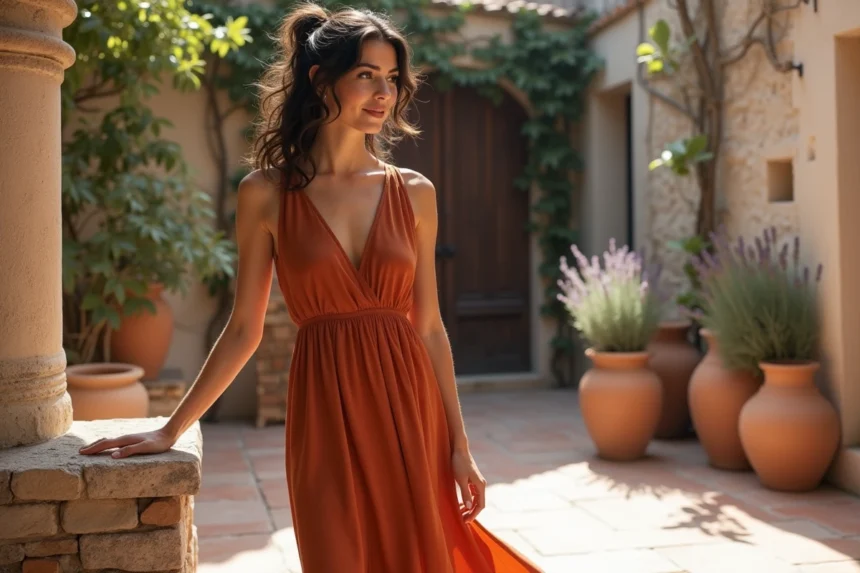 Femme en robe longue satinée terracotta de style bohème dans une cour méditerranéenne aux murs en pierre blanche