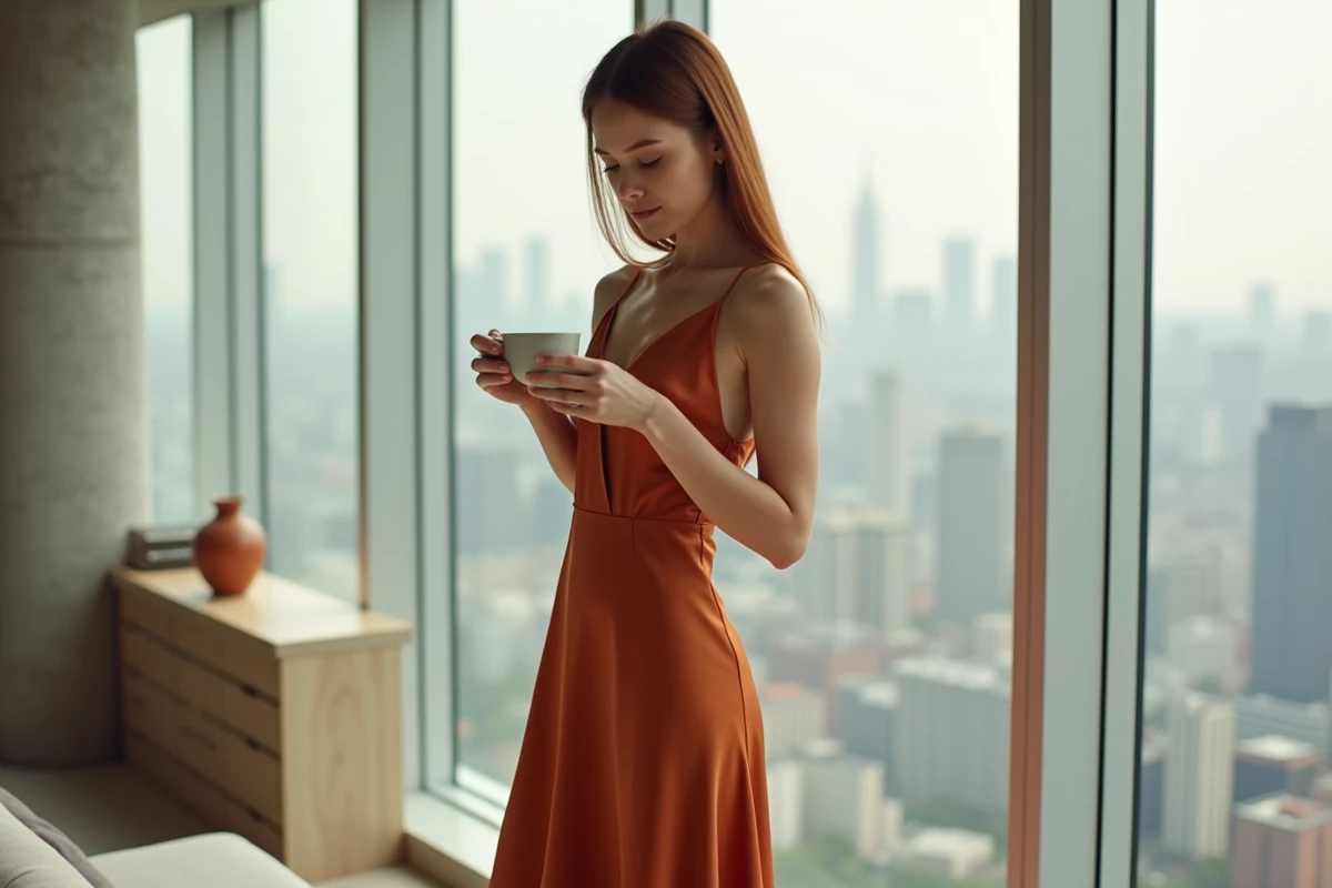 Femme en robe longue terracotta satinée coupe fluide élégante dans un appartement moderne avec vue urbaine