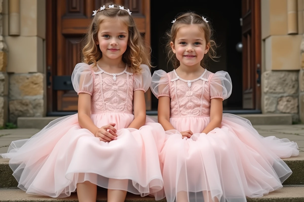 Deux fillettes en robes de cérémonie rose poudré en tulle assorties assises sur des marches d'église pour un mariage élégant