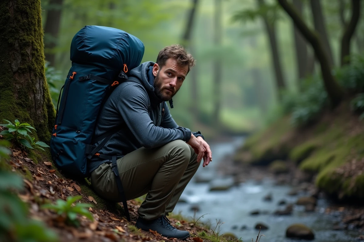 Randonneur installant un bivouac en forêt avec un sac à dos imperméable bleu marine appuyé contre un arbre