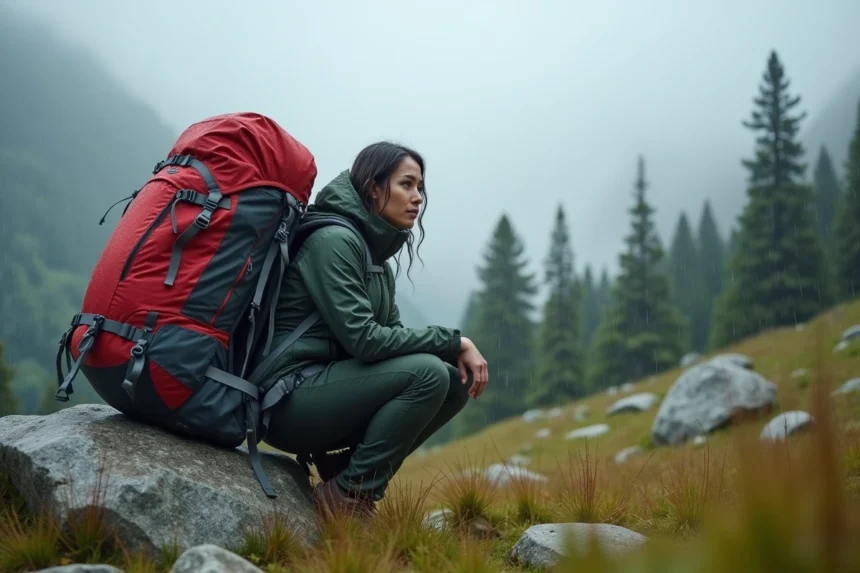 Femme randonneuse accroupie près d'un sac à dos imperméable rouge sous la pluie en montagne