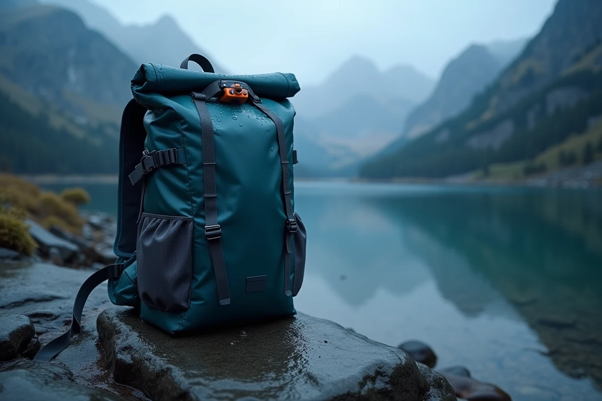Gros plan d'un sac à dos imperméable posé sur une roche mouillée au bord d'un lac de montagne au crépuscule