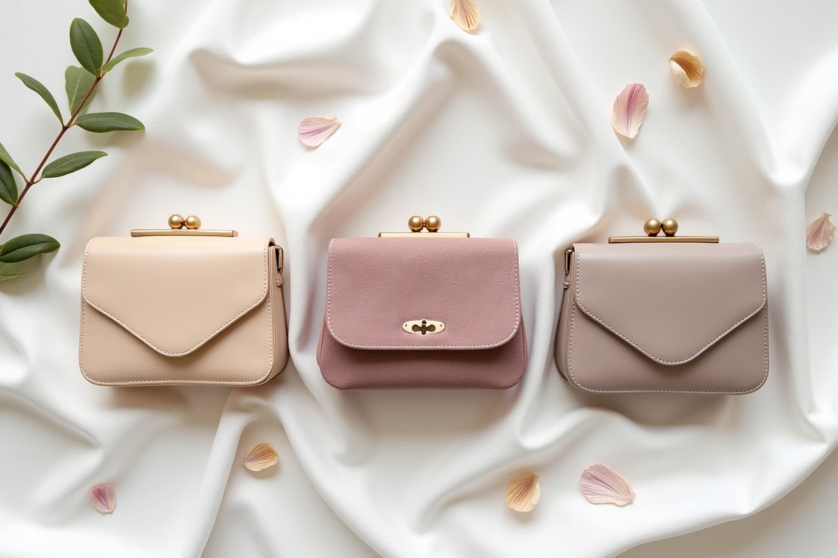 Trio de sacs à main tendance pour mariage 2026 en beige champagne, mauve poudré et taupe satin disposés en flat lay sur lin blanc
