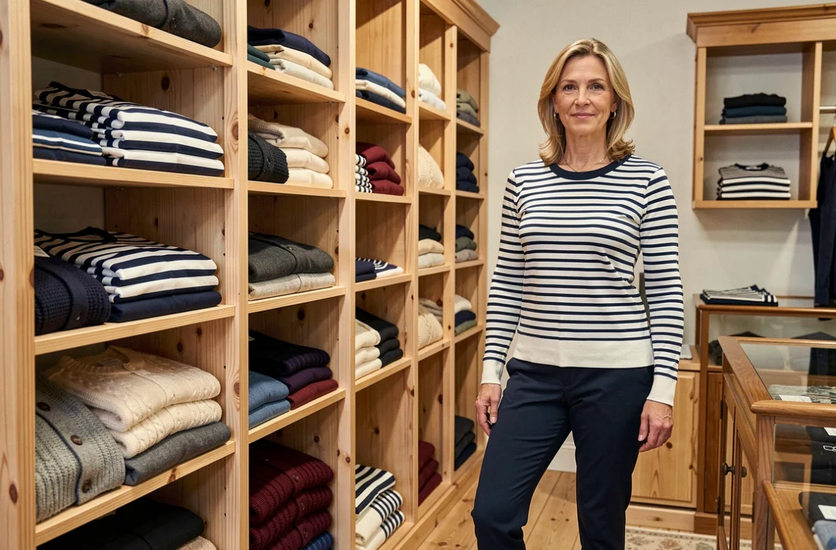 Boutique Saint James à Tours avec des marinières rayées et des pulls en maille de qualité soigneusement présentés sur des étagères en bois