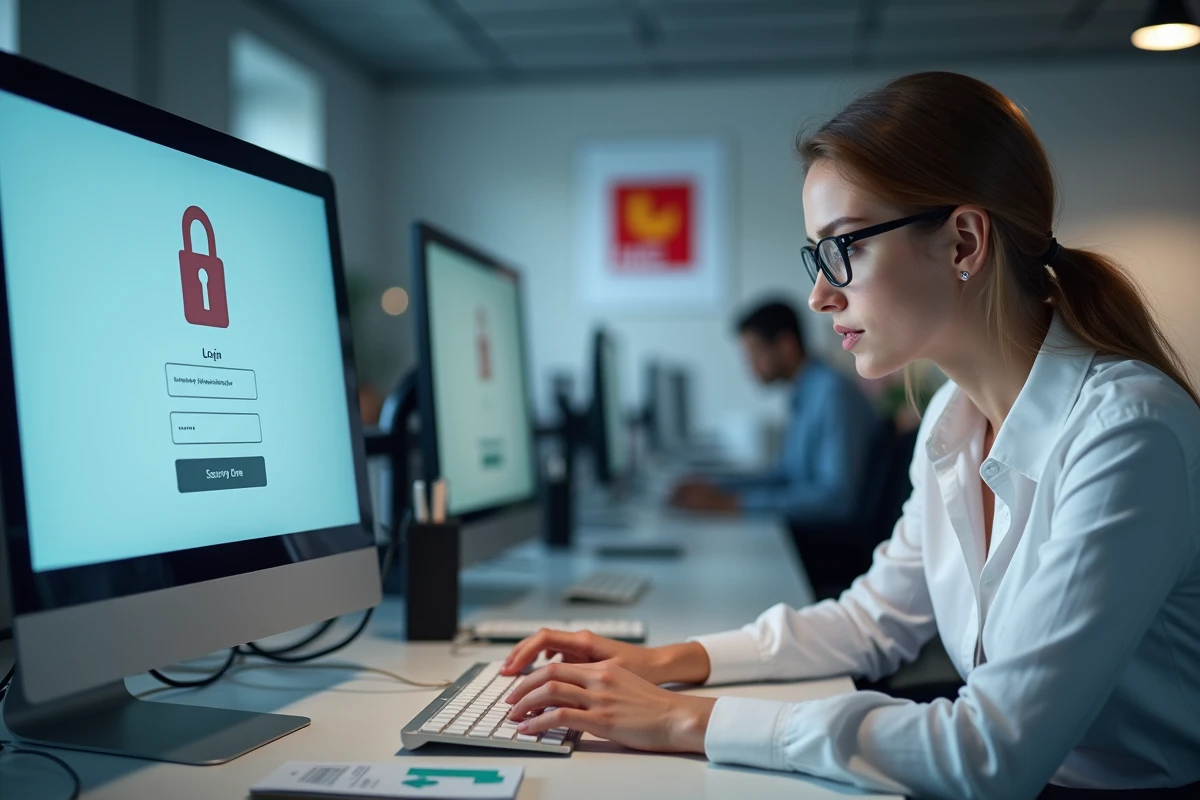 Femme sécurisant son espace personnel habillement La Poste avec authentification à deux facteurs sur ordinateur de bureau