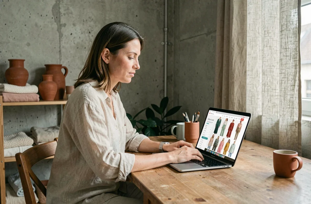 Femme naviguant sur un eshop de mode parisienne alternatif depuis son appartement au décor minimaliste