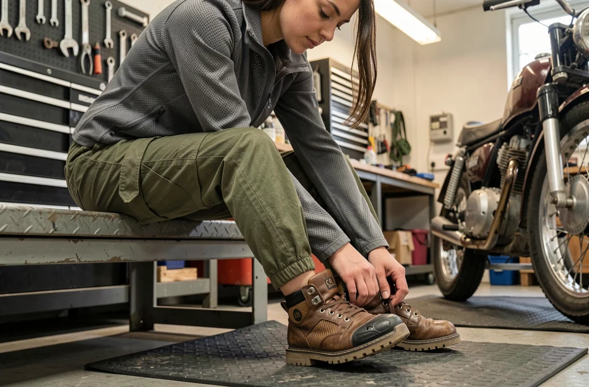 Gros plan sur des sneakers moto femme homologuées CE avec armature de cheville, testées dans un atelier garage