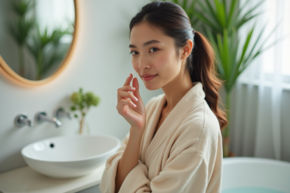 Femme appliquant une huile naturelle sur le visage