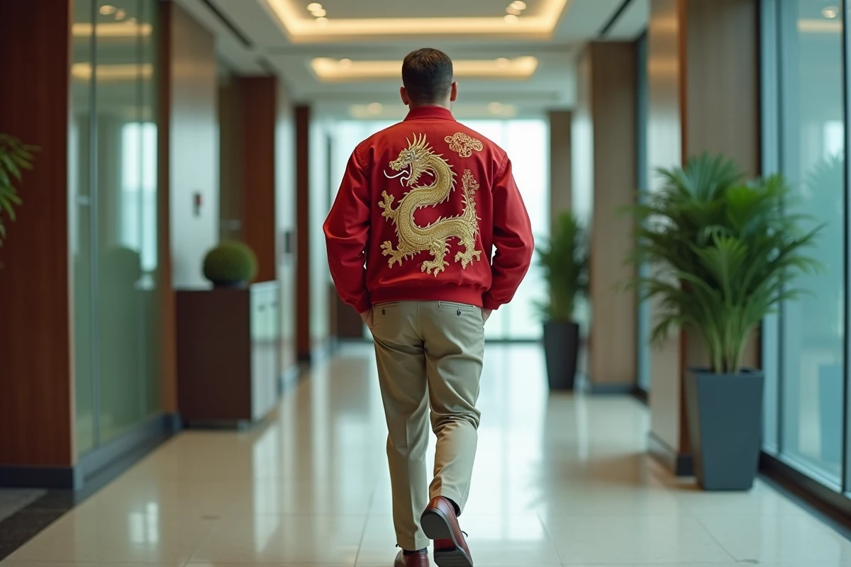 Homme en souvenir jacket japonaise brodée dragon portée en milieu professionnel avec chino et chaussures de ville, illustrant un mélange de codes vestimentaires inapproprié