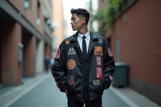 Homme portant un souvenir jacket satiné noir avec des patchs brodés, mal assorti à une chemise habillée et une cravate, illustrant une erreur de style vestimentaire courante