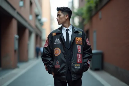 Homme portant un souvenir jacket satiné noir avec des patchs brodés, mal assorti à une chemise habillée et une cravate, illustrant une erreur de style vestimentaire courante