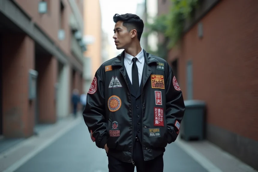 Homme portant un souvenir jacket satiné noir avec des patchs brodés, mal assorti à une chemise habillée et une cravate, illustrant une erreur de style vestimentaire courante