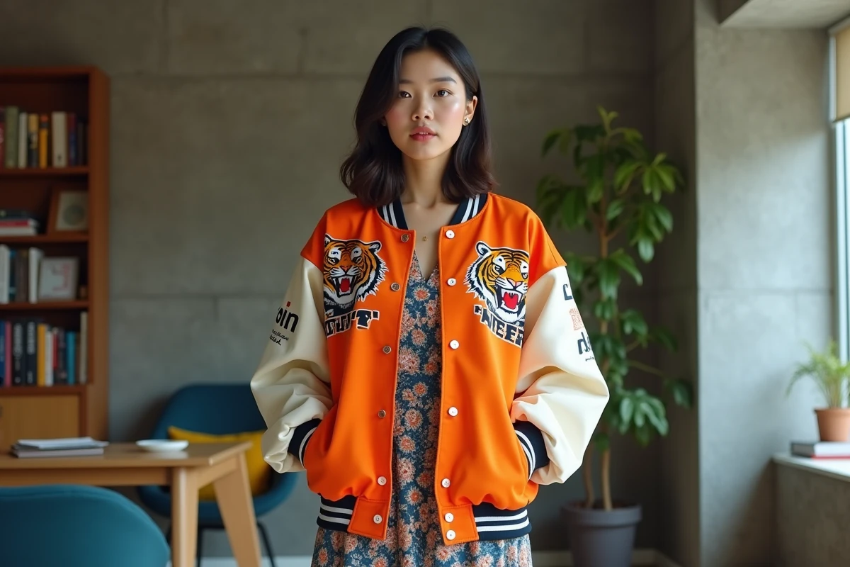 Femme en souvenir jacket colorée avec broderie tigre portée avec une robe à fleurs dépareillée, démontrant un clash de styles et une erreur de coordination vestimentaire