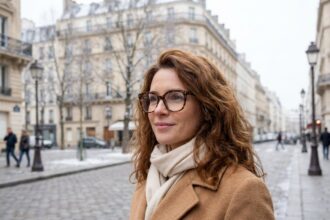 Femme élégante portant des lunettes en acétate écaille de tortue sur fond de rue hivernale urbaine, style inspiration star hollywoodienne