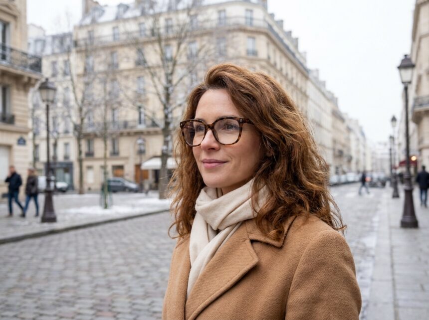 Femme élégante portant des lunettes en acétate écaille de tortue sur fond de rue hivernale urbaine, style inspiration star hollywoodienne