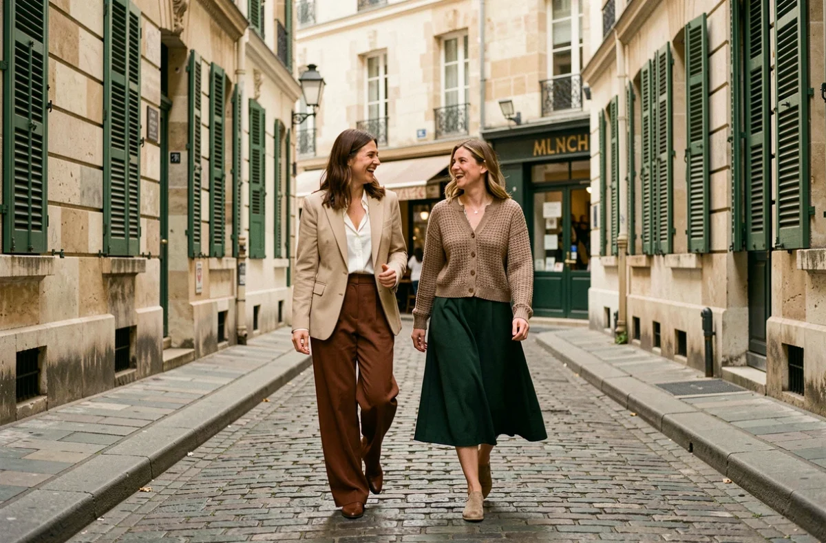 Deux femmes stylées aux tenues uniques se promenant dans les rues pavées du Marais à Paris
