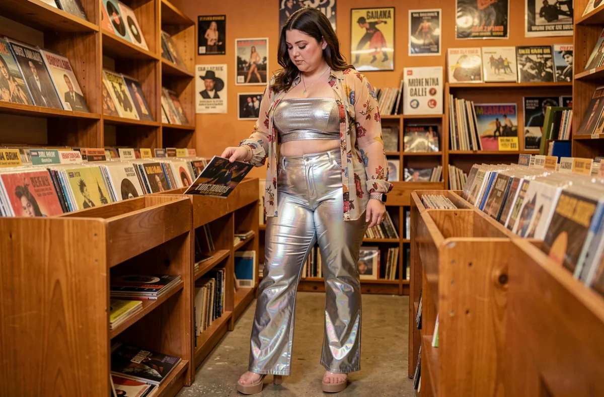 Femme grande taille en look Y2K superposé avec blouse transparente et pantalon vinyle évasé, feuilletant des disques dans un magasin de vinyles vintage