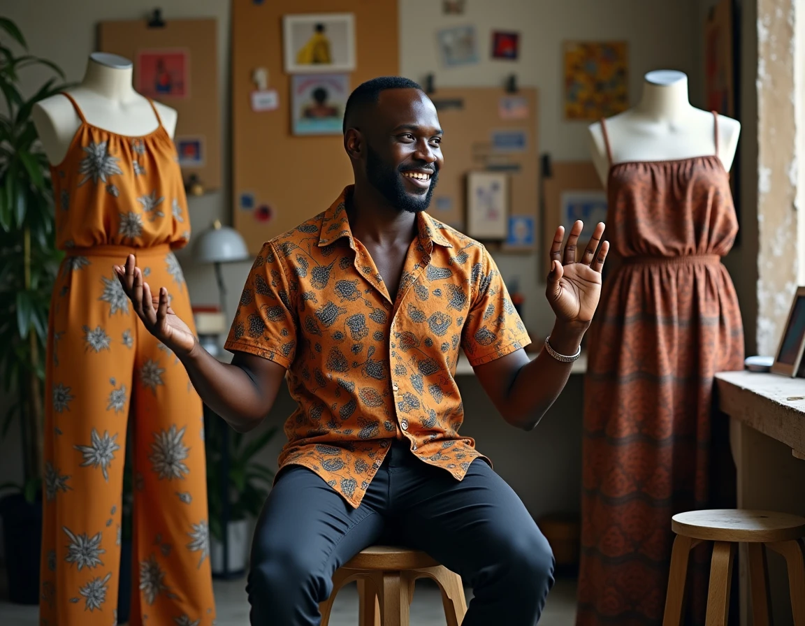 Styliste africain en atelier de Lagos illustrant les erreurs de style à éviter avec les imprimés wax sur des mannequins