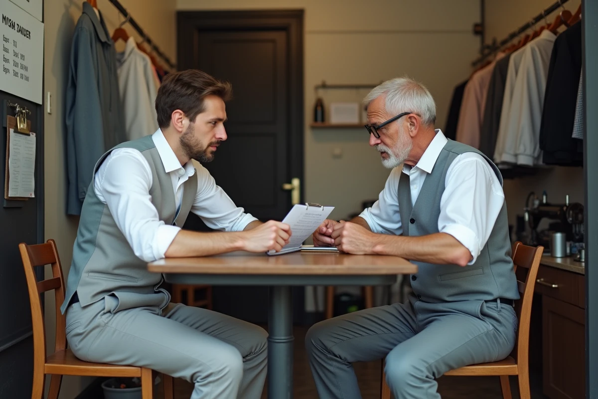 Client discutant du prix d'un ourlet de pantalon avec un tailleur devant une liste de tarifs dans une boutique de retouche urbaine