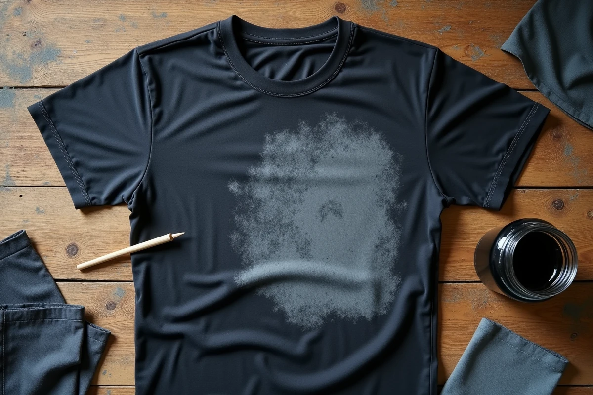 Gros plan sur un t-shirt noir teint de façon inégale avec des zones trop claires visibles