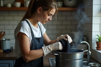 Femme teignant un vêtement en noir dans une casserole à la maison avec des gants en caoutchouc