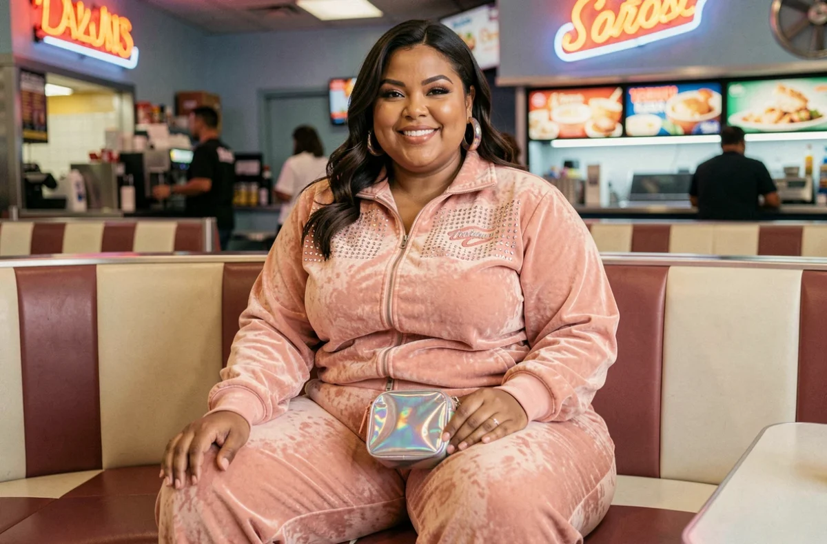 Femme ronde souriante en survêtement velours rose Y2K avec strass, assise dans un diner rétro aux carreaux en damier