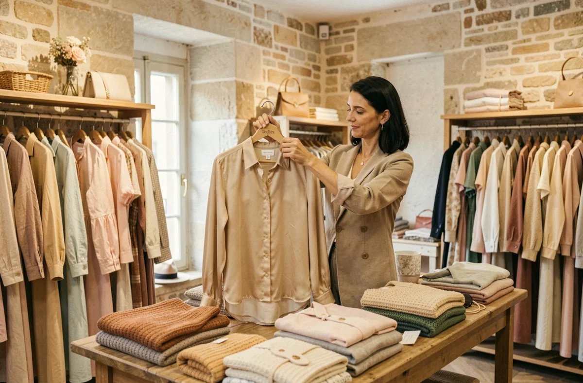 Intérieur de la boutique Terre de Fées à Amiens avec des vêtements féminins soigneusement exposés sur des portants en bois