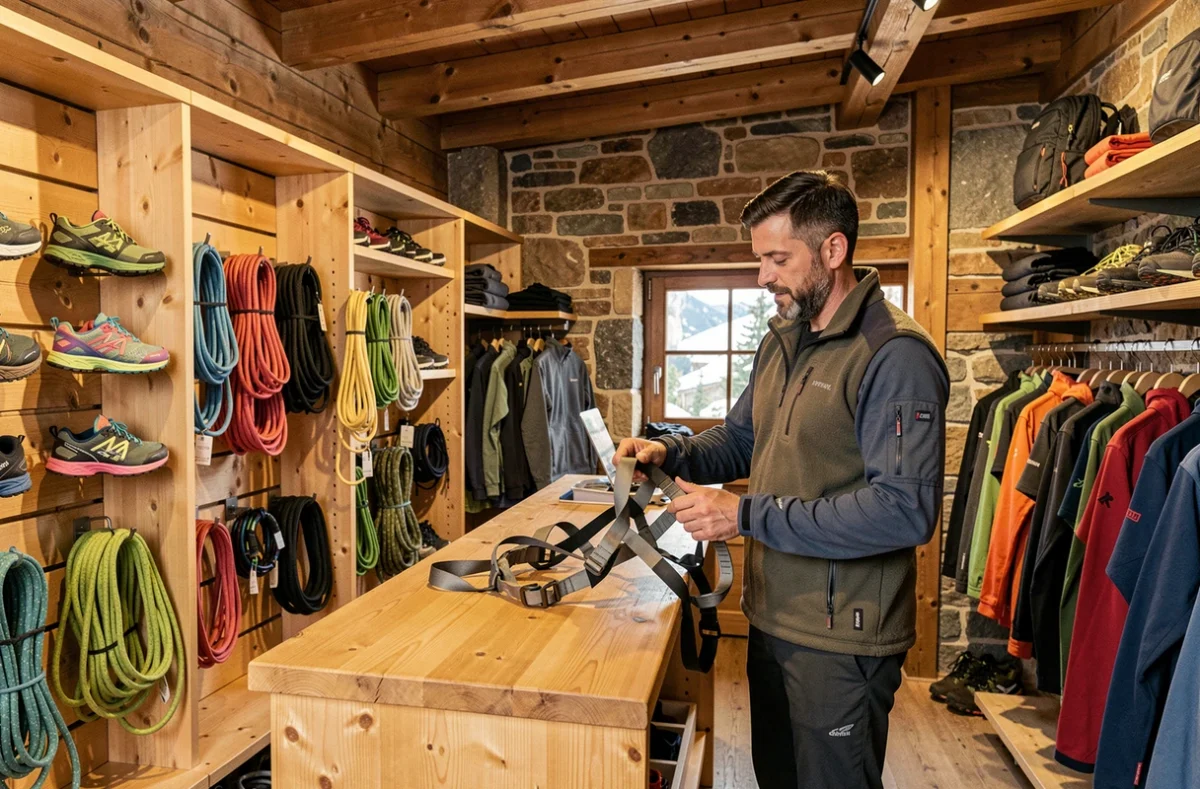 Boutique Vertical Mountain Sports à La Clusaz avec équipement d'alpinisme et de trail dans un décor chalet