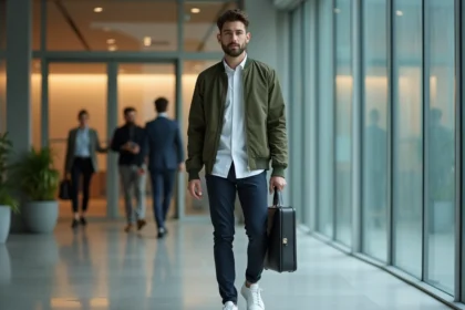 Homme en veste streetwear bomber olive porté au bureau avec sneakers blanches et pantalon slim, style urbain professionnel
