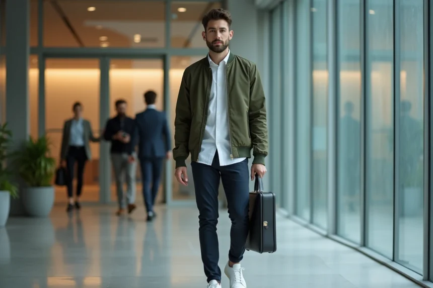 Homme en veste streetwear bomber olive porté au bureau avec sneakers blanches et pantalon slim, style urbain professionnel