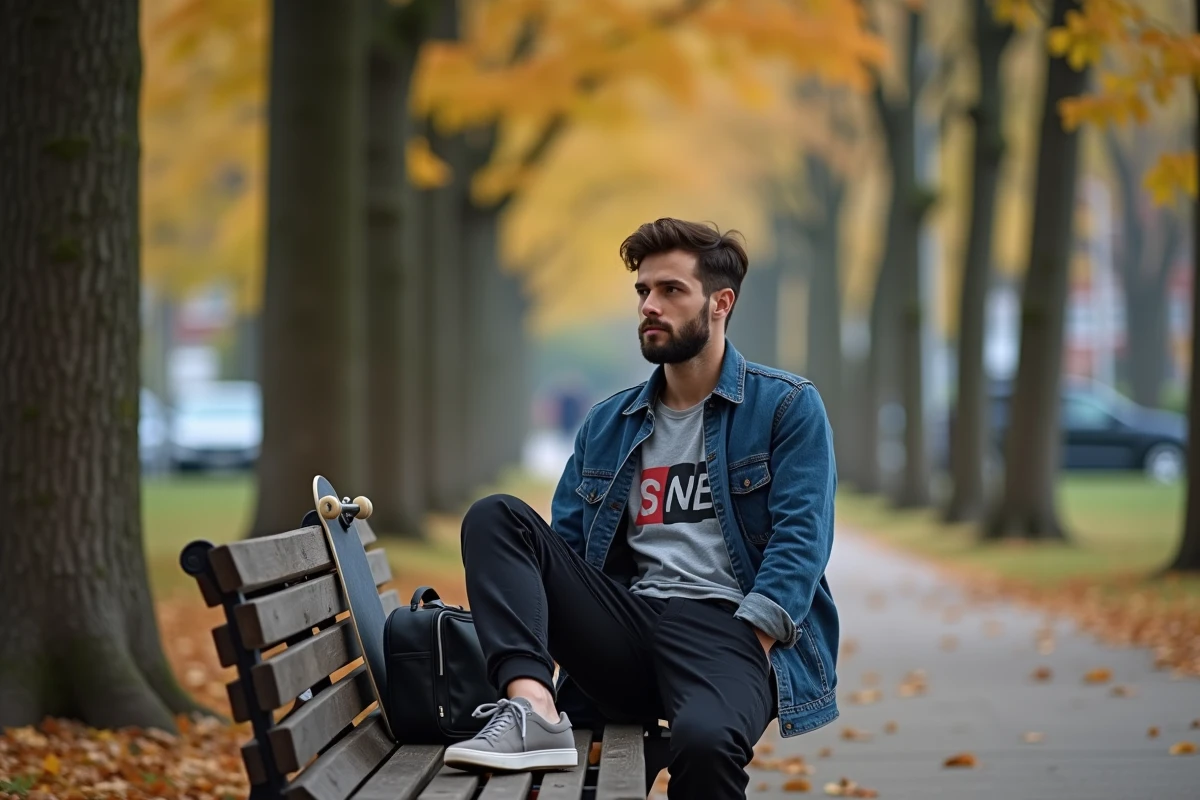 Homme en veste streetwear overshirt marine assis dans un parc urbain en automne avec skateboard et sac ordinateur, style bureau et loisirs