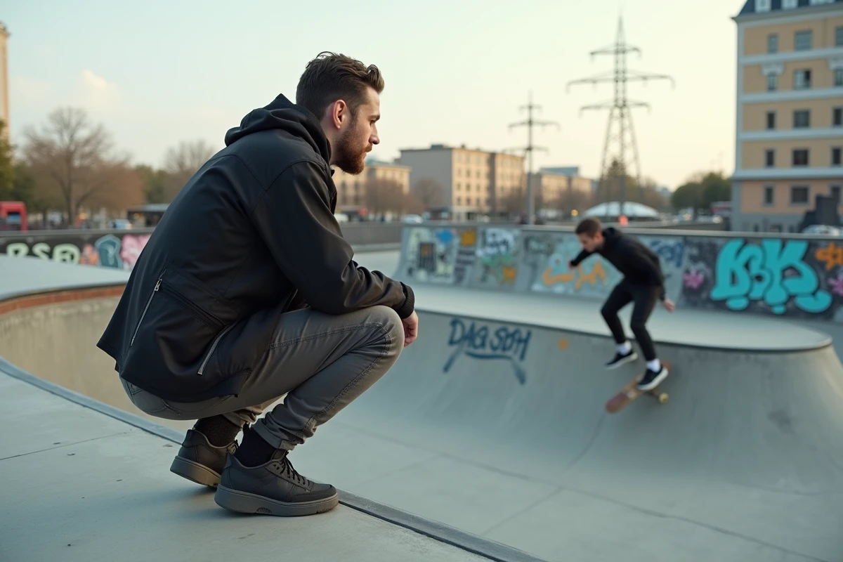 Homme en veste streetwear technique noire accroupi dans un skatepark urbain en béton avec graffitis, ambiance street authentique